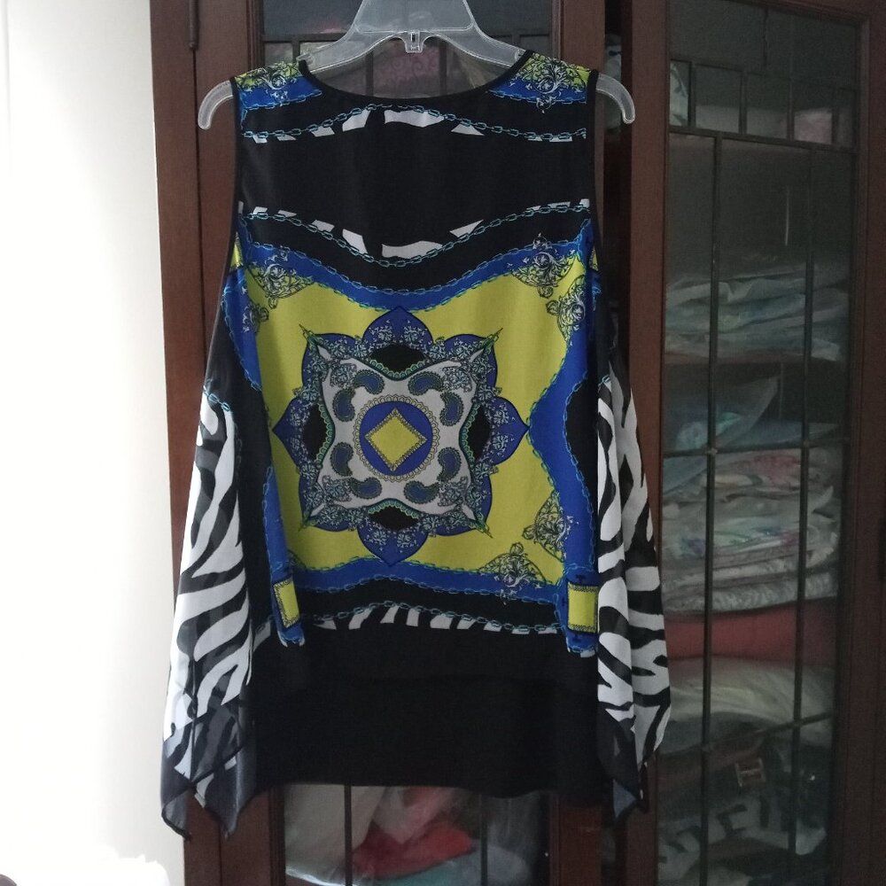 Multiples Colorful Tank Top Blouse with Overlay Semi Sheer sz L  B21 - Picture 3 of 8